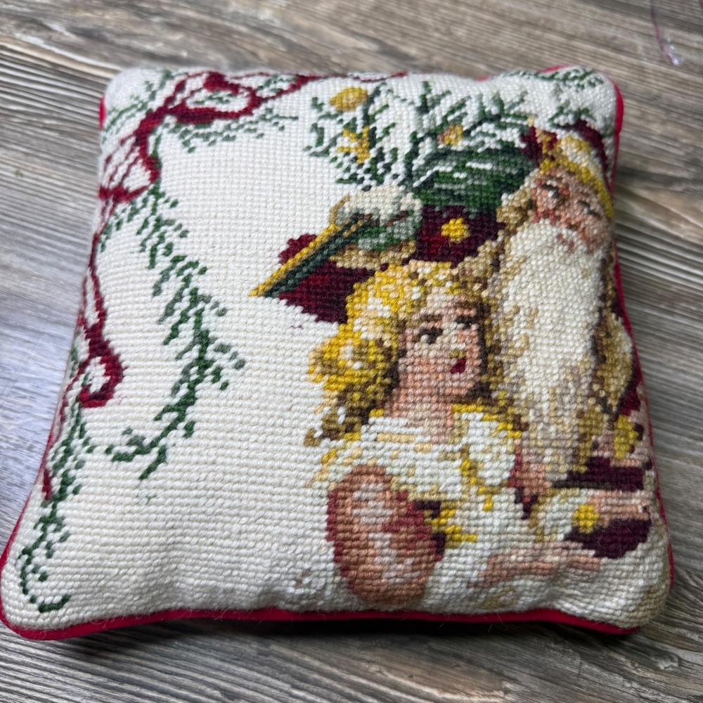 Vintage Needlepoint Christmas Pillow Santa and Girl Red Velvet Back 9x9.5